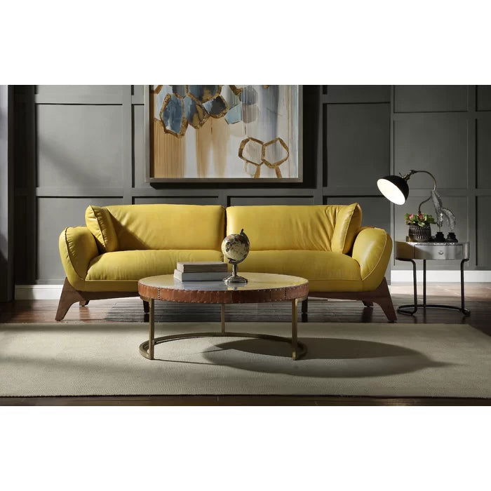 Solid Sheesham Wood & Leatherette Round Arm Sofa - Furnishiaa -  -